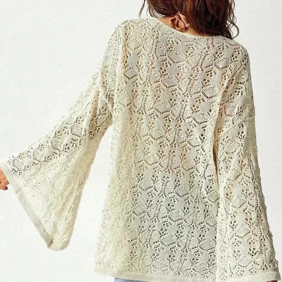Beige Casual Women's Hollow Out Knitted Cardigan With Flared Sleeves - Picture 2 of 8